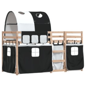 vidaXL Etagenbett mit Vorhängen Weiß & Schwarz 90x190 cm Kiefernholz