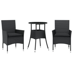 vidaXL 3-tlg. Garten-Essgruppe mit Kissen Schwarz Poly Rattan Glas
