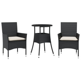 vidaXL 3-tlg. Garten-Essgruppe mit Kissen Schwarz Poly Rattan Glas