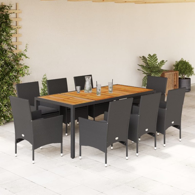 vidaXL 9-tlg. Garten-Essgruppe mit Kissen Schwarz Poly Rattan Akazie vidaXL 9-tlg. Garten-Essgruppe mit Kissen Schwarz Poly Rattan Akazie