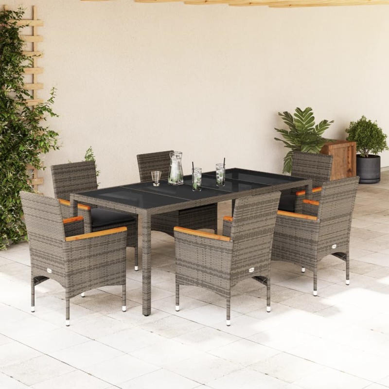 vidaXL 7-tlg. Garten-Essgruppe mit Kissen Grau Poly Rattan und Glas vidaXL 7-tlg. Garten-Essgruppe mit Kissen Grau Poly Rattan und Glas