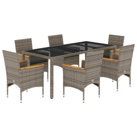 vidaXL 7-tlg. Garten-Essgruppe mit Kissen Grau Poly Rattan und Glas
