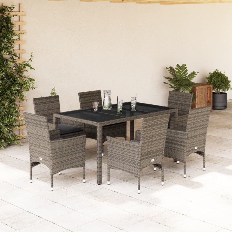 vidaXL 7-tlg. Garten-Essgruppe mit Kissen Grau Poly Rattan und Glas vidaXL 7-tlg. Garten-Essgruppe mit Kissen Grau Poly Rattan und Glas