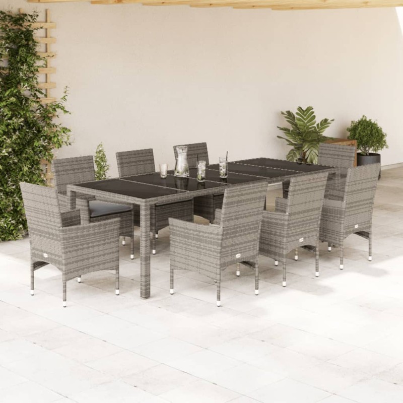 vidaXL 9-tlg. Garten-Essgruppe mit Kissen Grau Poly Rattan und Glas vidaXL 9-tlg. Garten-Essgruppe mit Kissen Grau Poly Rattan und Glas