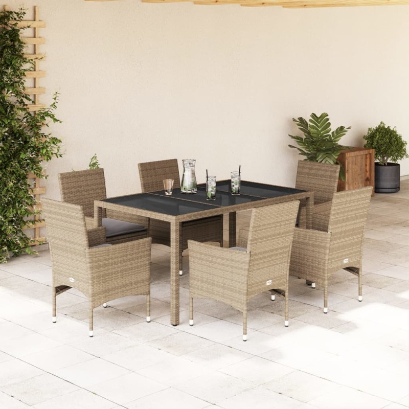 vidaXL 7-tlg. Garten-Essgruppe mit Kissen Beige Poly Rattan und Glas vidaXL 7-tlg. Garten-Essgruppe mit Kissen Beige Poly Rattan und Glas