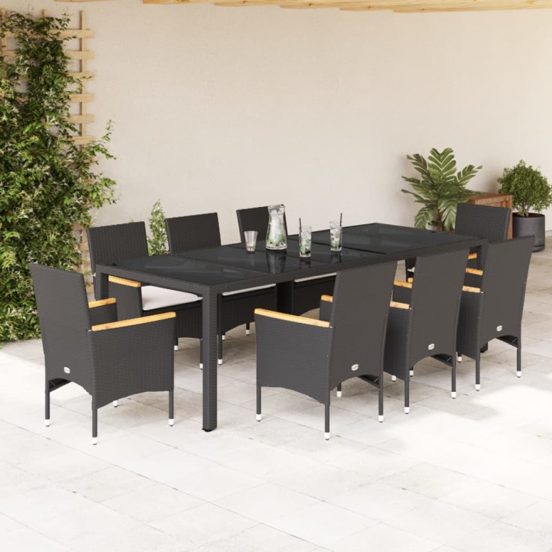 vidaXL 9-tlg. Garten-Essgruppe mit Kissen Schwarz Poly Rattan und Glas vidaXL 9-tlg. Garten-Essgruppe mit Kissen Schwarz Poly Rattan und Glas