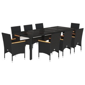 vidaXL 9-tlg. Garten-Essgruppe mit Kissen Schwarz Poly Rattan und Glas