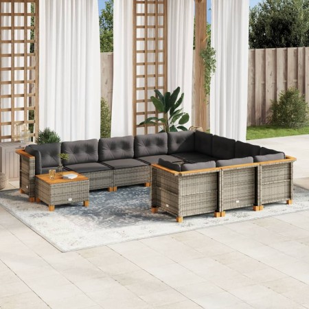 vidaXL 11-tlg. Garten-Sofagarnitur mit Kissen Grau Poly Rattan