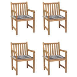 vidaXL Gartenstühle 4 Stk. Graue Karomuster-Kissen Massivholz Teak