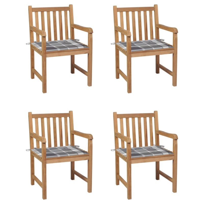 vidaXL Gartenstühle 4 Stk. Graue Karomuster-Kissen Massivholz Teak vidaXL Gartenstühle 4 Stk. Graue Karomuster-Kissen Massivholz Teak