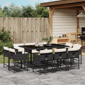 vidaXL 11-tlg. Garten-Essgruppe mit Kissen Schwarz Poly Rattan