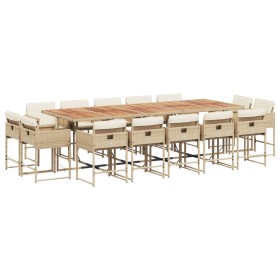 vidaXL 15-tlg. Garten-Essgruppe mit Kissen Beige Poly Rattan