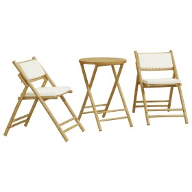 vidaXL 3-tlg. Bistro-Set Klappbar mit Cremeweißen Kissen Bambus