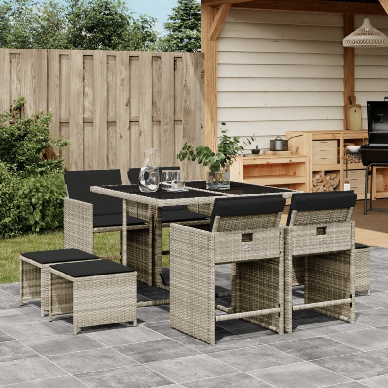 vidaXL 9-tlg. Garten-Essgruppe mit Kissen Hellgrau Poly Rattan vidaXL 9-tlg. Garten-Essgruppe mit Kissen Hellgrau Poly Rattan