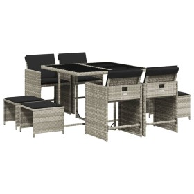 vidaXL 9-tlg. Garten-Essgruppe mit Kissen Hellgrau Poly Rattan