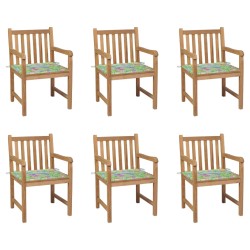 Gartenstühle 6 Stk. mit Blattmuster Kissen Massivholz Teak