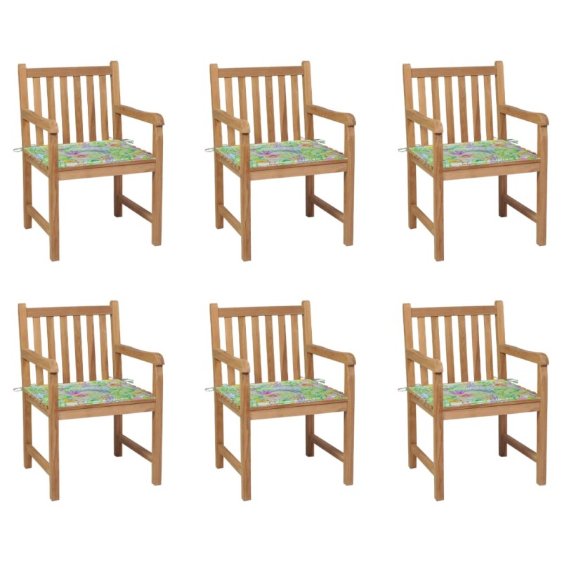 Gartenstühle 6 Stk. mit Blattmuster Kissen Massivholz Teak Gartenstühle 6 Stk. mit Blattmuster Kissen Massivholz Teak