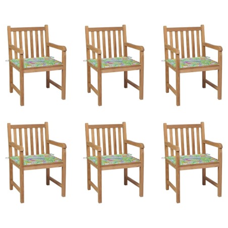 Gartenstühle 6 Stk. mit Blattmuster Kissen Massivholz Teak