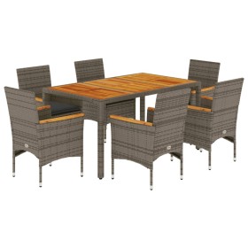 vidaXL 7-tlg. Garten-Essgruppe mit Kissen Grau Poly Rattan Akazie