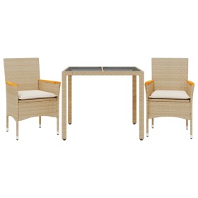 vidaXL 3-tlg. Garten-Essgruppe mit Kissen Beige Poly Rattan und Glas