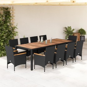 vidaXL 11-tlg. Garten-Essgruppe mit Kissen Schwarz Poly Rattan Akazie