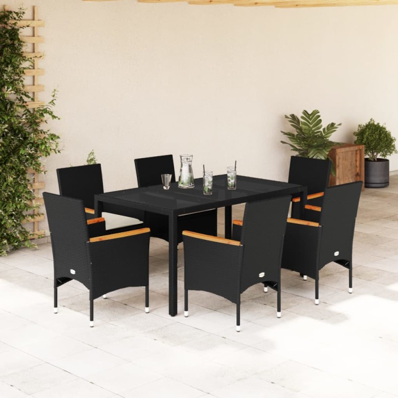 vidaXL 7-tlg. Garten-Essgruppe mit Kissen Schwarz Poly Rattan Glas vidaXL 7-tlg. Garten-Essgruppe mit Kissen Schwarz Poly Rattan Glas