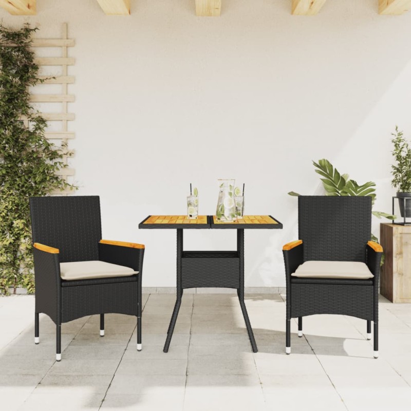 vidaXL 3-tlg. Garten-Essgruppe mit Kissen Schwarz Poly Rattan Akazie vidaXL 3-tlg. Garten-Essgruppe mit Kissen Schwarz Poly Rattan Akazie