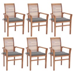 vidaXL Essstühle 6 Stk. mit Grauen Kissen Massivholz Teak