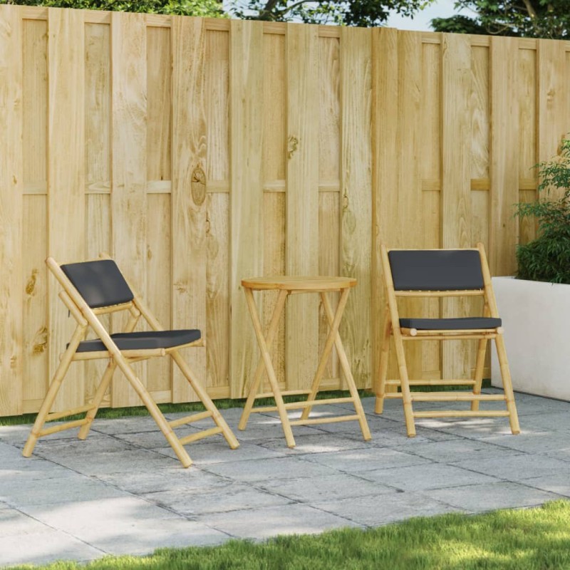 vidaXL 3-tlg. Bistro-Set Klappbar mit Dunkelgrauen Kissen Bambus vidaXL 3-tlg. Bistro-Set Klappbar mit Dunkelgrauen Kissen Bambus