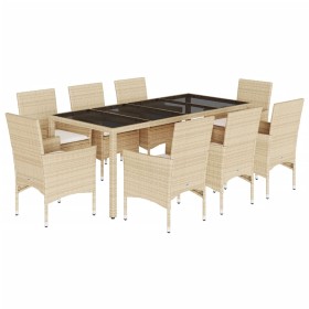 vidaXL 9-tlg. Garten-Essgruppe mit Kissen Beige Poly Rattan Glas