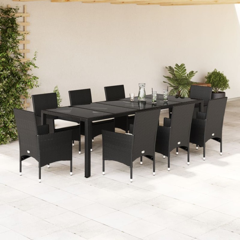 vidaXL 9-tlg. Garten-Essgruppe mit Kissen Schwarz Poly Rattan und Glas vidaXL 9-tlg. Garten-Essgruppe mit Kissen Schwarz Poly Rattan und Glas