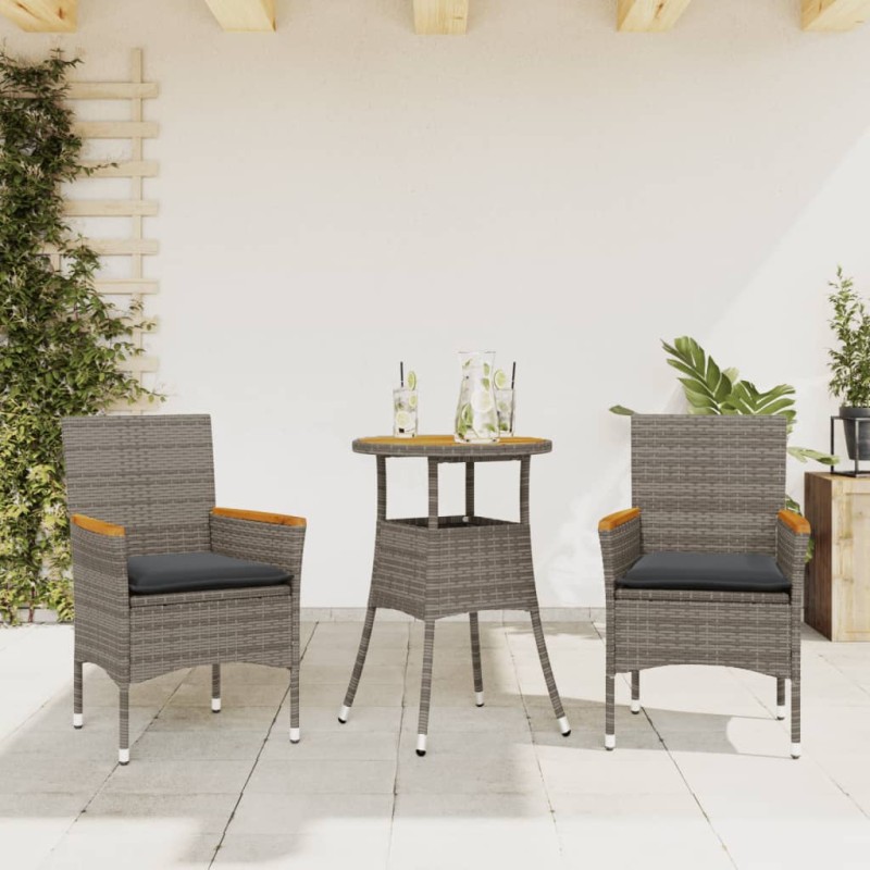 vidaXL 3-tlg. Garten-Essgruppe mit Kissen Grau Poly Rattan Akazie vidaXL 3-tlg. Garten-Essgruppe mit Kissen Grau Poly Rattan Akazie