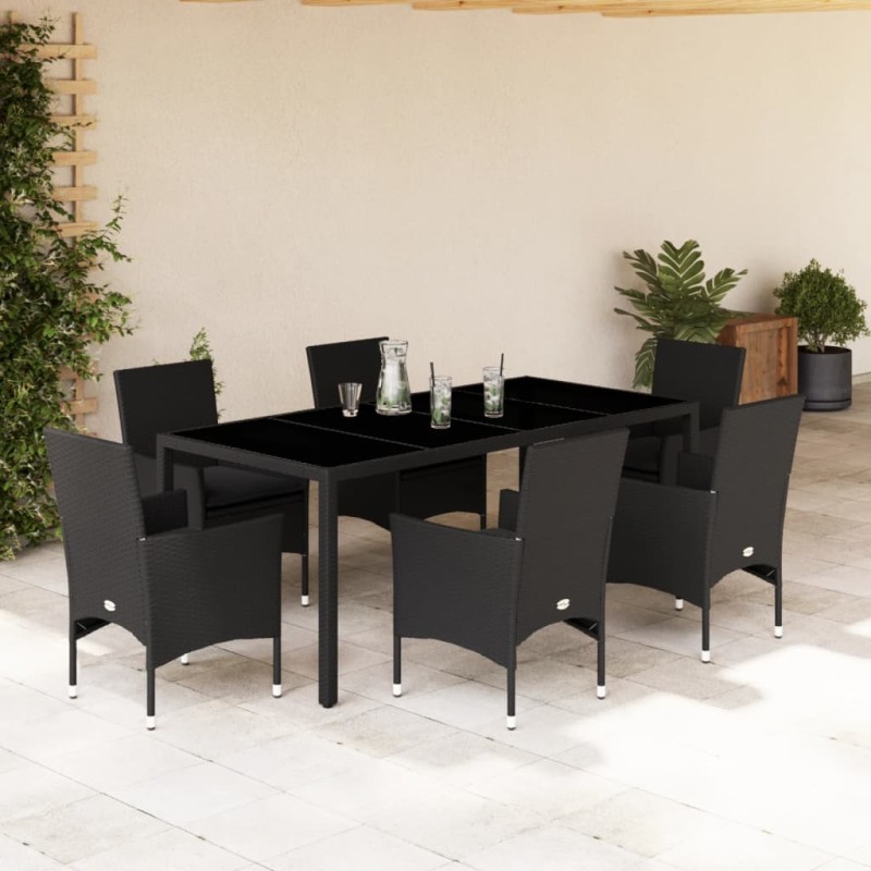 vidaXL 7-tlg. Garten-Essgruppe mit Kissen Schwarz Poly Rattan Glas vidaXL 7-tlg. Garten-Essgruppe mit Kissen Schwarz Poly Rattan Glas