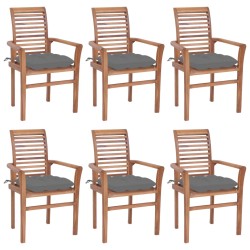 Essstühle 6 Stk. mit Grauen Kissen Massivholz Teak