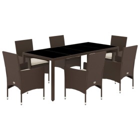 vidaXL 7-tlg. Garten-Essgruppe mit Kissen Braun Poly Rattan und Glas