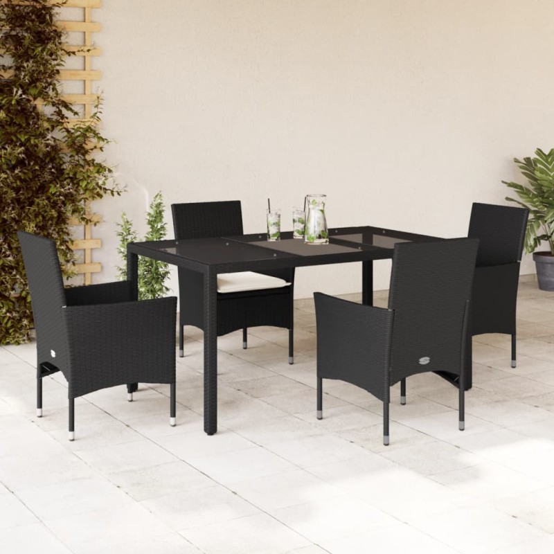 vidaXL 5-tlg. Garten-Essgruppe mit Kissen Schwarz Poly Rattan und Glas vidaXL 5-tlg. Garten-Essgruppe mit Kissen Schwarz Poly Rattan und Glas