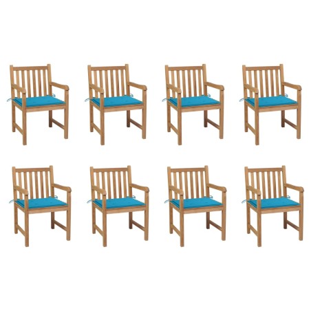 Gartenstühle 8 Stk. mit Blauen Kissen Massivholz Teak