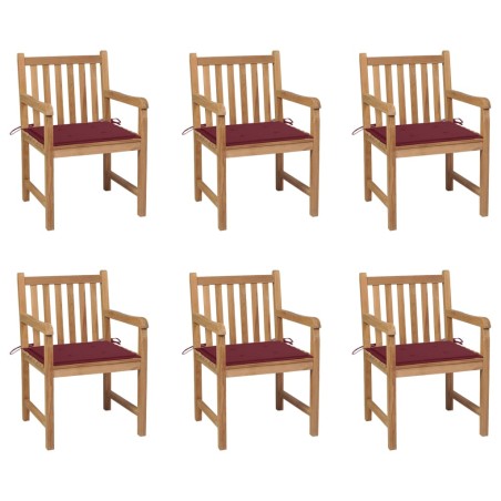Gartenstühle 6 Stk. mit Weinroten Kissen Massivholz Teak