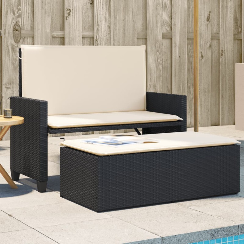 vidaXL Gartenbank mit Kissen und Hocker Schwarz Poly Rattan vidaXL Gartenbank mit Kissen und Hocker Schwarz Poly Rattan