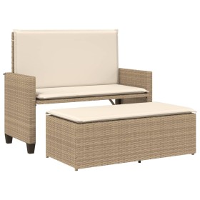 vidaXL Gartenbank mit Kissen und Hocker Beige Poly Rattan