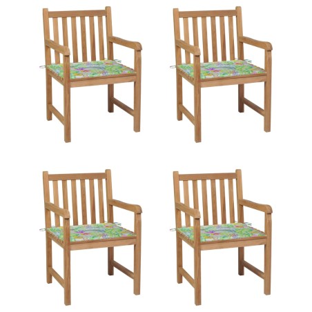 Gartenstühle 4 Stk. mit Blattmuster Kissen Massivholz Teak