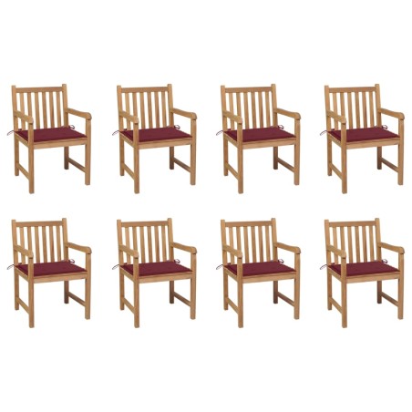 Gartenstühle 8 Stk. mit Weinroten Kissen Massivholz Teak