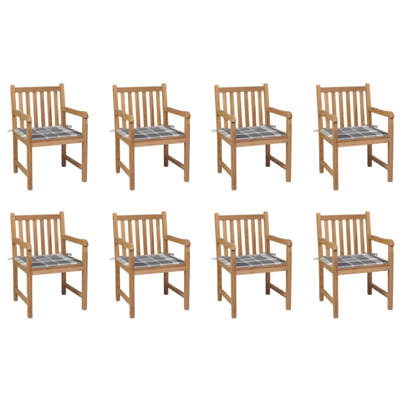 vidaXL Gartenstühle 8 Stk. Graue Karomuster-Kissen Massivholz Teak vidaXL Gartenstühle 8 Stk. Graue Karomuster-Kissen Massivholz Teak