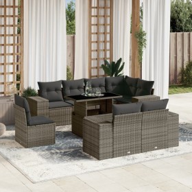 vidaXL 9-tlg. Garten-Sofagarnitur mit Kissen Grau Poly Rattan