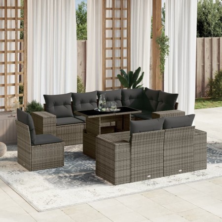 vidaXL 9-tlg. Garten-Sofagarnitur mit Kissen Grau Poly Rattan