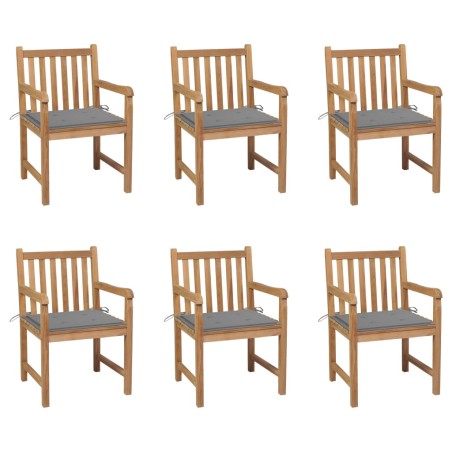 Gartenstühle 6 Stk. mit Grauen Kissen Massivholz Teak