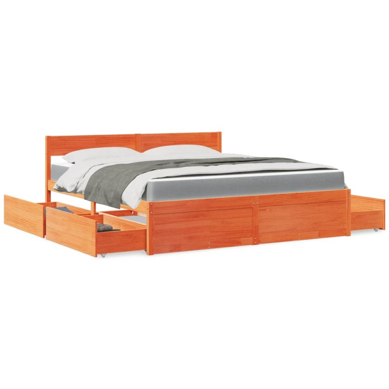 vidaXL Bett mit Schubladen und Matratze Wachsbraun 180x200 Massivholz vidaXL Bett mit Schubladen und Matratze Wachsbraun 180x200 Massivholz