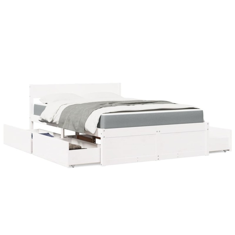 vidaXL Bett mit Schubladen und Matratze Weiß 120x200 cm Massivholz vidaXL Bett mit Schubladen und Matratze Weiß 120x200 cm Massivholz