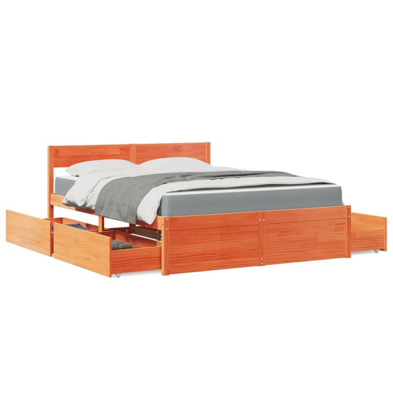 vidaXL Bett mit Schubladen und Matratze Wachsbraun 140x200 Massivholz vidaXL Bett mit Schubladen und Matratze Wachsbraun 140x200 Massivholz