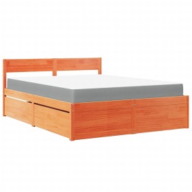 vidaXL Bett mit Schubladen und Matratze Wachsbraun 140x200 Massivholz
